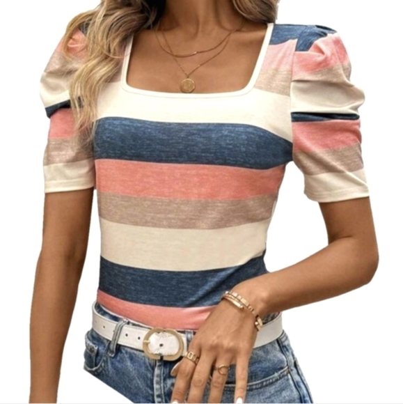 unbranded Tops - Petite Top Short Sleeve Lightweight Summer Tops Square Necks Puff Sleeve T-shirt